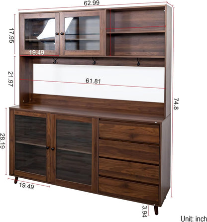 63" W Large Kitchen Hutch Cabinet,Freestanding Pantry Cabinets Storage Kitchen Cupboard with 4 Doors,4 Drawers and Microwave Shelf,Walnut