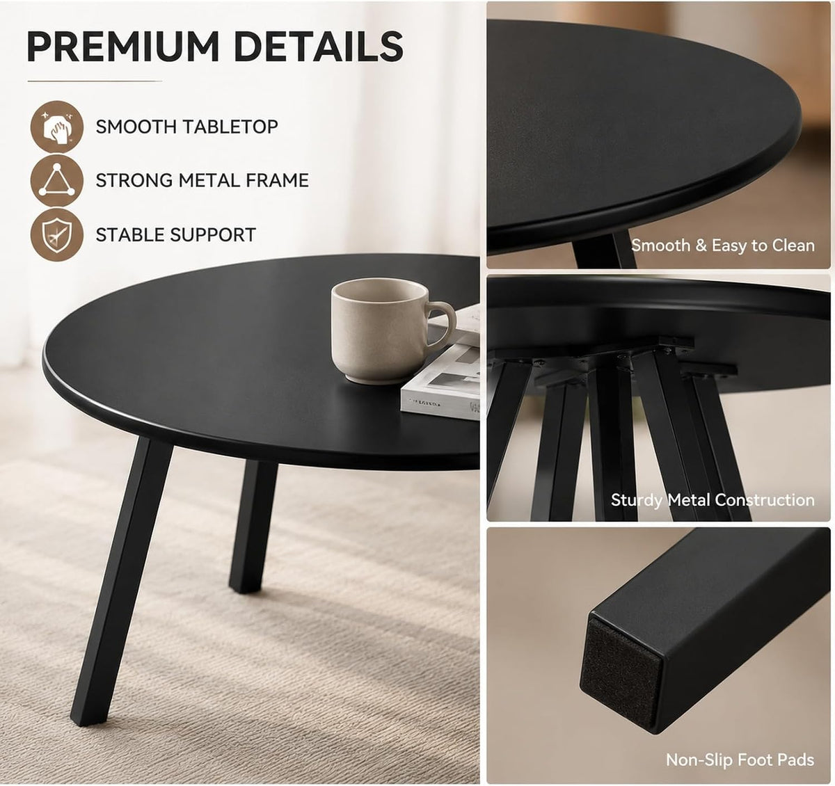 2-Piece Round Nesting Coffee & Side Table Set, Black Metal | Space-Saving Design, Non-Slip Foot Pads, Smooth Easy-Clean Top, Indoor & Outdoor Use, Sturdy Metal Frame