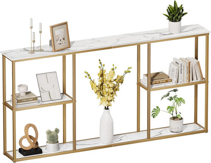 WOHOMO 63 in Entryway Table Modern Sofa Table with Shelves White Gold | 12 Inch Narrow Console Table for Living Room, 63" Hallway Table for Corridor, with 3-Tier Storage