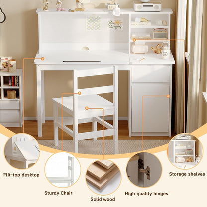 MOUMON Drafting Table and Chair Set, Artist Desk with 0-40° Tilting Top and Hutch, Solid Wood Legs, Drawer and Storage Cabinet, White 43.3”W x 18.9”D x 40.2”H