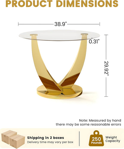 38.9" Round Glass Dining Table for 2-4, Modern Glass Dining Room Table with Tempered Glass Top & Stainless Steel Legs, Round Kitchen Table for Small Space, Apartment(Gold)
