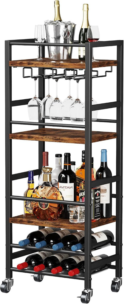 Homeiju Small Bar Cart with 5-Tier Shelf, Mobile Kitchen Shelf with Wine Rack and Glass Holder, Mini Bar Cart for Small Spaces, Rustic Brown