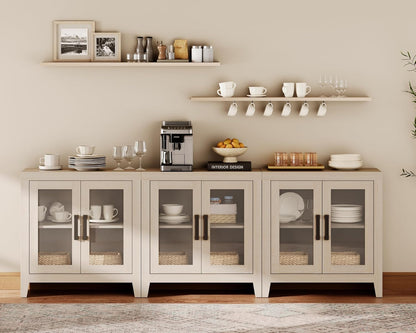 WAMPAT Buffet Cabinet with Storage, Large Sideboard Accent Cabinets with 6 Glass Doors, Modern Farmhouse Coffee Bar Cabinet, Wood Console Table for Kitchen, Dining Room, Living Room, Beige