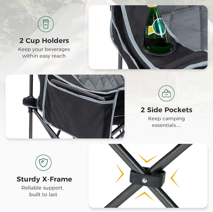 Padded 3 Person Camping Chair Oversized Camping Couch, Heavy Duty Folding Double Camping Chair, Extra Wide Camping Loveseat with Cup Holder & Side Pockets for Camping & Lawn, Supports 660LBS Black