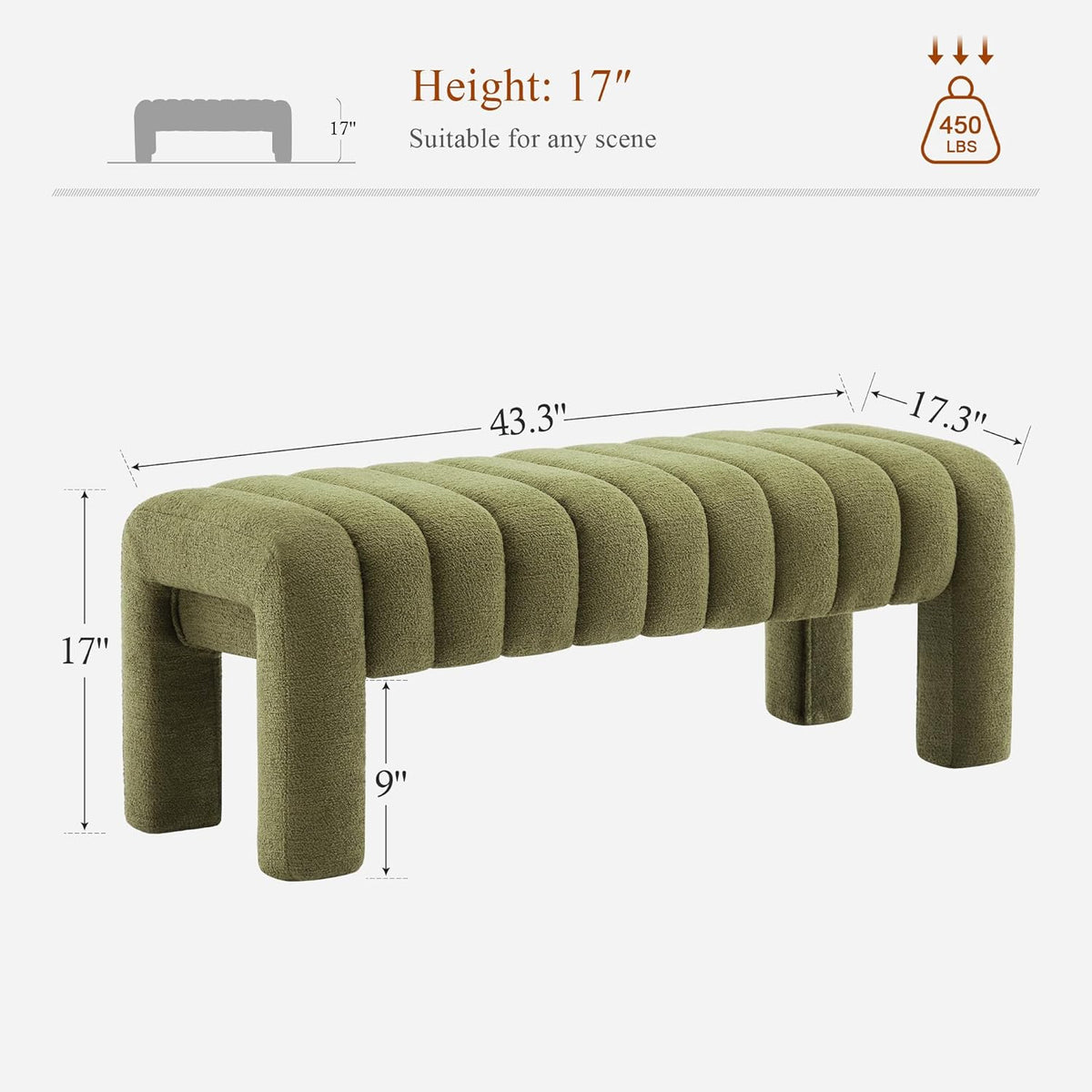 43’’ Bedroom Bench, Upholstered End of Bed Bench with Solid Wood Legs, Modern Small Dining Bench with Full Covered Fabrics for Entryway, Bedroom, Living Room (Green, Boucle)