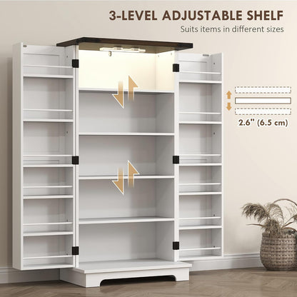 HOMCOM 47" LED Kitchen Pantry Cabinet with Barn Door 5 Deep Shelves White | Farmhouse Storage Cabinet, 12 Door Shelves, Freestanding Food Pantry