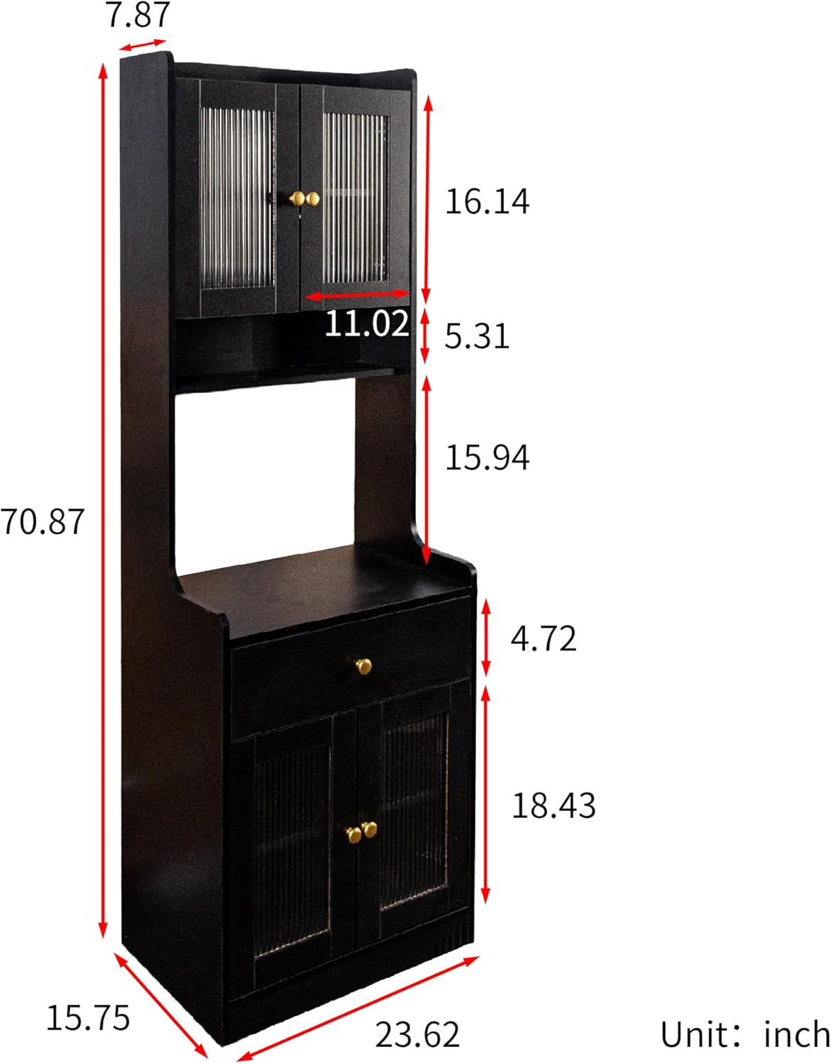 Black Kitchen Pantry Hutch Cabinet with Microwave Stand - Farmhouse Buffet Sideboard with Drawers & Storage Shelves, Freestanding Coffee Bar Cabinet for Dining Room & Kitchen