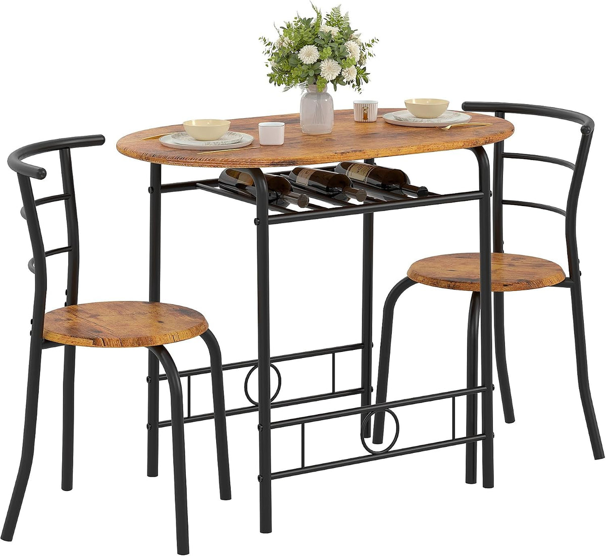 VECELO 3-Piece Dining Table Set for Kitchen Breakfast Nook, Wood Grain Oval Tabletop and Metal Frame with Built-in Wine Rack, for Small Spaces, Antique Brown & Black