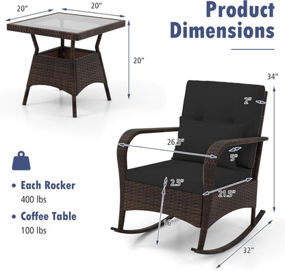 Tangkula 3 Pieces Rocking Bistro Set, Patiojoy Outdoor PE Rattan Rocker Chairs with Removable Cushions & Tempered Glass Top Coffee Table, Outdoor Wicker Furniture Set for Porch, Garden (Black)