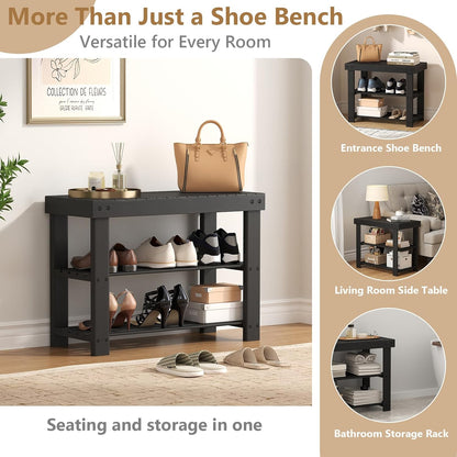 Sweetcrispy Shoe Rack Bench, 3-Tier Bamboo Entryway Storage Organizer, 286lb Capacity, Shoes Stand for Front Door Entrance, Bedroom, Living Room, Bathroom, Balcony, 11.3 x 27.6 x 17.8 Inches, Black
