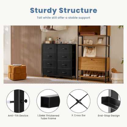 DUMOS Nightstand with 4 Drawers Bedside Table with Removable Fabric Bins Sturdy Steel Frame Wood Top Organizer Furniture for Bedroom Closet Living Room
