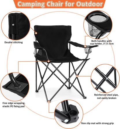 Leonyo 2 Pack Camping Chairs for Adults, Lawn Chairs with Table, Heavy Duty Folding Chairs for Outside Oversized & Comfy Sports Chair for Adults Fishing, Beach, Patio, Hiking, Lawn, Travel - Black