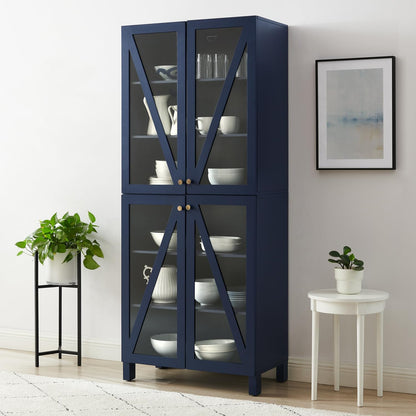 Maykoosh Tall Kitchen Pantry - Stackable Storage Cabinet with Glass Doors, Navy