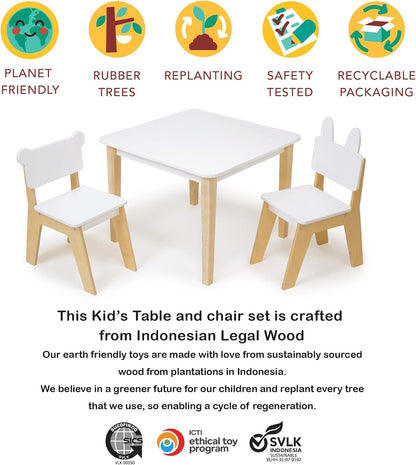 Mentari Toys - Kid’s Table and Chair Set - Wooden Easy Clean Table and 2 Animal Themed Chairs - Children’s Playroom, Classroom Furniture - Sturdy Set for Play and Learning - Age 3+