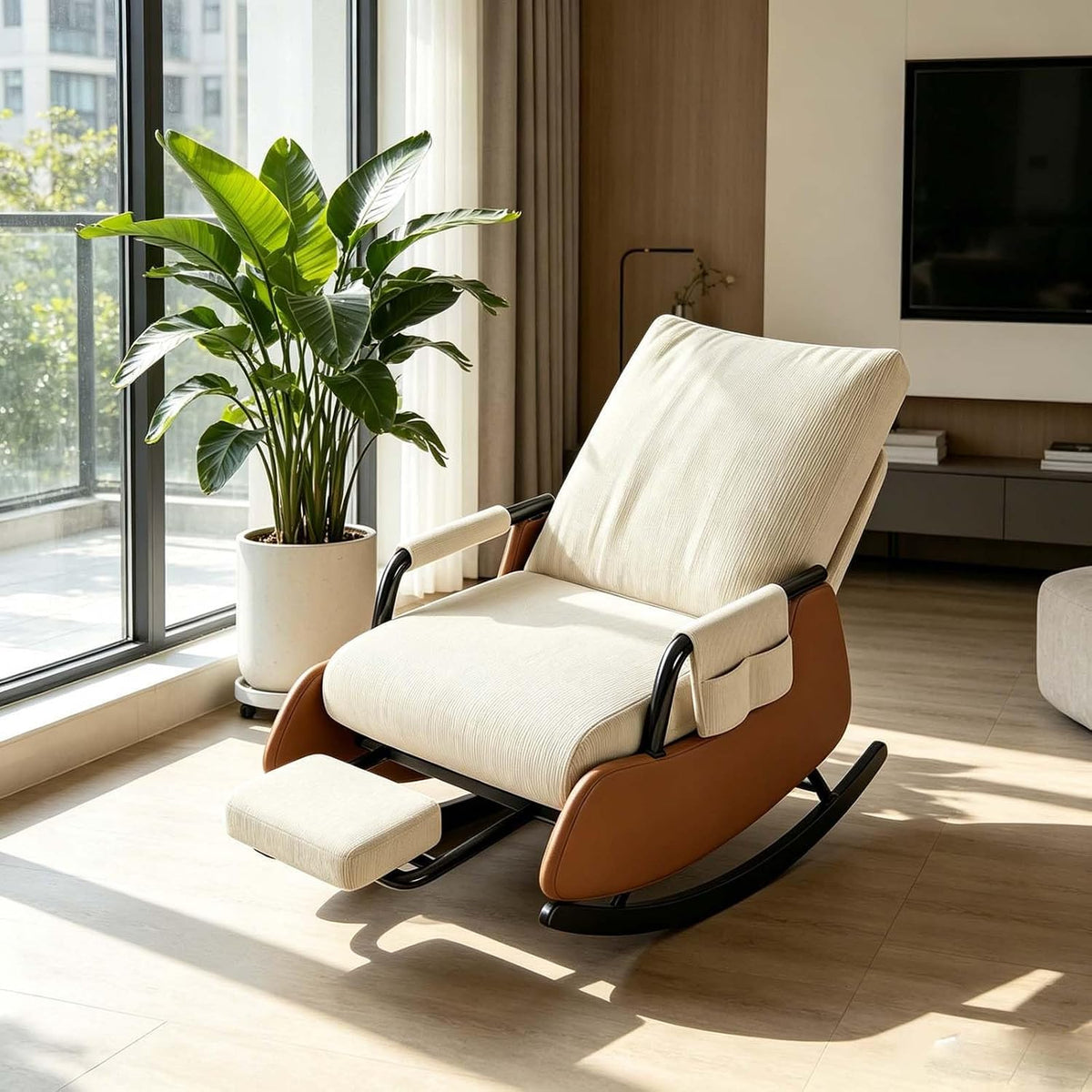 Indoor Leisure Rocking Chair with Removable Foot Stool | Adjustable Backrest Foldable Recliner Rocker