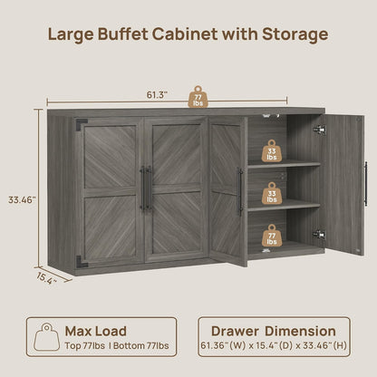 SICOTAS Buffet Cabinet with 4 Doors, Modern Sideboard Cabinet with Storage and Adjustable Shelves, Large Credenza Storage Cabinet (1, Ash Gray)