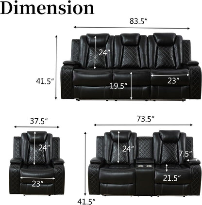 Power Recliner Sofa Set, Breathing Leather Reclining Couch Set, 3 Piece Living Room Furniture Set with LED Lights/Charging Ports/Storage for Home/Office (Black, Sofa+Loveseat+Chair)