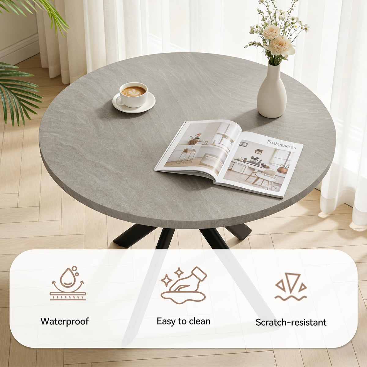 44" Round Dining Table Set for 4, Modern X-Shaped Metal Leg Table | Cushioned Cozy Beige Chairs of 4, Mid-Century Gray Tabletop, Dinette set for Kitchen, Dining Room & Apartments