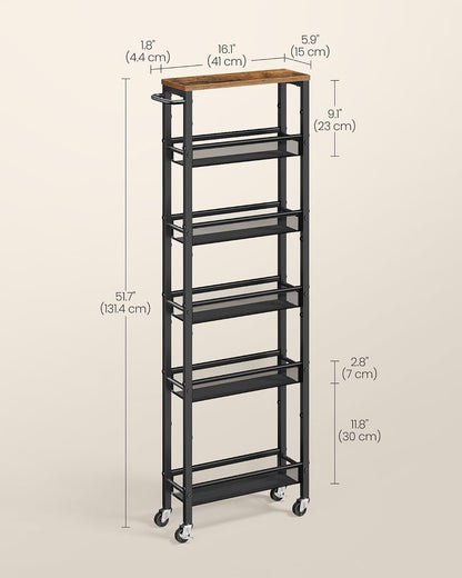 VASAGLE Slim Storage Cart, 6-Tier Rolling Utility Cart, Skinny Shelf for Kitchen Pantry, Narrow Bathroom Organizer, 17.9 x 5.9 x 51.7 inch, Rustic Brown and Matte Black, Dacey Collection ULRC038K101
