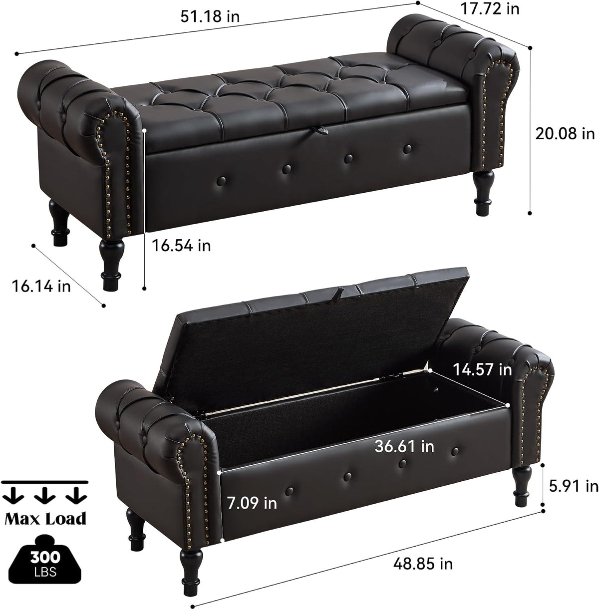 Storage Bench for Bedroom, Faux Leather 51" End of Bed Bench, Queen Size Bench with Rolled Arms, Tufted Storage Ottoman Benches, Upholstered Bench for Bedroom, Living Room, Entryway, Black