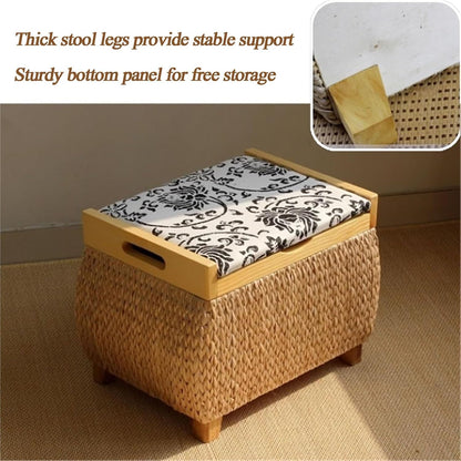 Ottoman with Storage Rattan Woven ，Bench with Padded Seat End of The Bed Entry Bench Footrest Stool for Hallway Living Room(Primary Color,53cm/20.9in)
