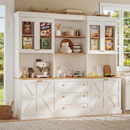 71" White Farmhouse Kitchen Pantry Cabinet Set of 3— Freestanding Coffee Bar with Glass Doors or Drawers, Microwave Stand, Large Storage Hutch with Adjustable Shelves for Kitchen, Living Room