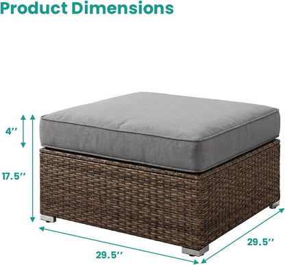 SUNBURY 2 Piece Outdoor Wicker Patio Ottoman Set, 30" Large Square Footrest with Thick Removable Cushion, All-Weather PE Rattan Stool for Backyard Poolside Porch, Grey