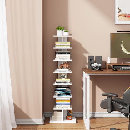 TUTOTAK Narrow Bookshelf, 8-Tier Bookcase, Spine Book Shelf for Small Space, Corner Standing Shelf for Living Room, Office, Study, Entryway, White BS06BW008