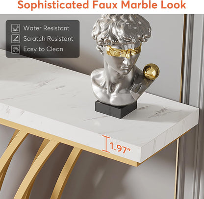 Tribesigns 59 inch Gold Console Table, Modern Entryway Table with Grid-Shaped Metal Base for Entrance, Hallway, Entryway, Living Room(White Faux Marble & Gold)