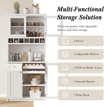 roomfitters Farmhouse Kitchen Pantry Buffet Hutch with Wine Rack and Glass Doors, Tall Storage Cabinet, White