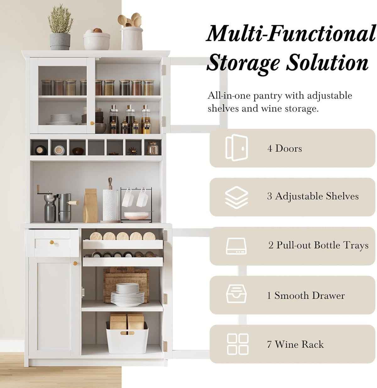 Merax 75" Tall Kitchen Pantry Storage Cabinet with Microwave Stand and Wine Rack, Pantry Storage Cabinet with 2 Pull Out Shelves and Glass Door, 35.4" W Coffee Bar Hutch for Dining Room,White
