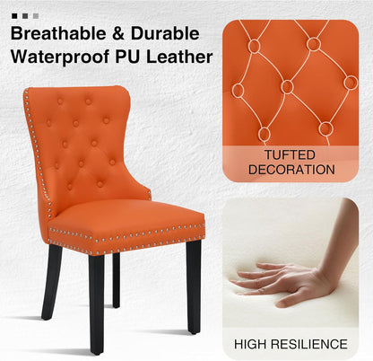 adochr PU Leather Dining Chairs Set of 2, Tufted Upholstered Dining Room Chair with Pull Ring and Solid Wood Legs, Orange