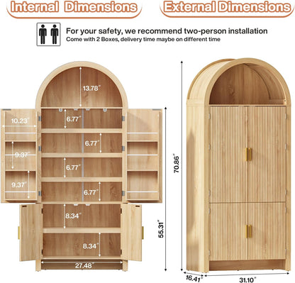 PRETZI Fluted Arched Cabinet with Doors, 71" Tall Kitchen Pantry Storage Cabinet with Adjustable Shelves and 6 Door Shelves, Freestanding Morden Organizer for Kitchen, Living Room, Natural Wood