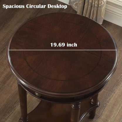 YUNMUAIR-Vintage End Side Table Solid Wood End Table with Drawer and Storage Shelf,26-Inch Tall Round Nightstand,Wooden Accent Table for Living Room Bedroom,No-Tools Assembly,Dark Walnut