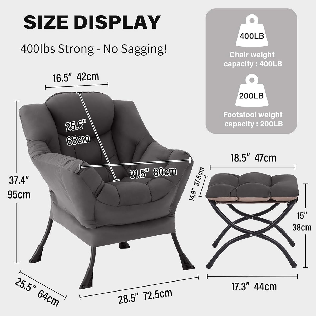 Tiita Lazy Chair with Ottoman, Comfy Reading Accent Chair, Dark Grey | Foldable Footrest, Padded Seat and Backrest, Side Pocket for Lounging in Living Rooms, Bedrooms, Dorms and Small Spaces