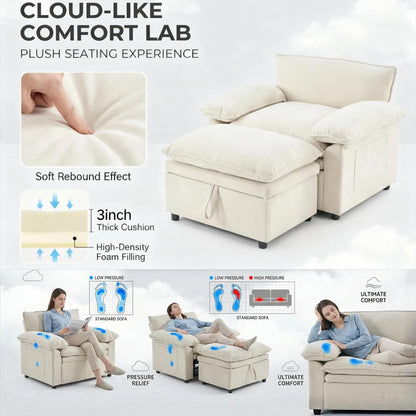 Furnimart Oversized Chair with Storage Ottoman, 44" Wide Cloud Chair and Ottoman Set with Chunky Cushion, Comfy Lounge Reading Chair for Living Room Bedroom Office – Beige