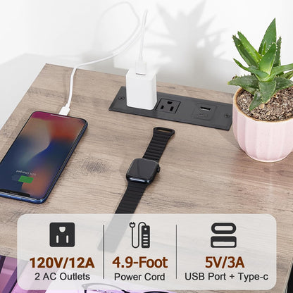 AMHANCIBLE Nightstands Set of 2 with Charging Station and LED Lights | Large Bedside Tables with USB Ports and AC Outlets, 2 Fabric Drawers, Modern Night Stand for Bedroom, Grey