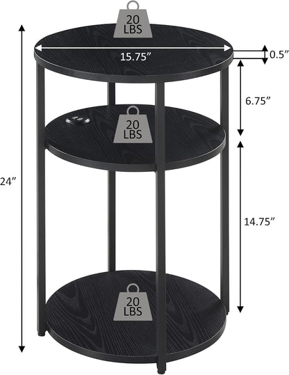 Convenience Concepts Simon End Table with USB Ports 15.75" – Modern 3-Tier Round Side Table with Storage Shelves for Family Room, Industrial Style Table with Charging Station, Weathered White, Black