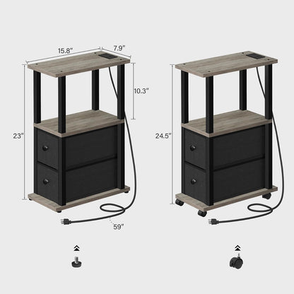 TUTOTAK Small Narrow End Tables, LED Side Tables with 2 Fabric Drawers, Set of 2, Bedside Tables with Charging Station for Small Spaces, Slim Nightstands with USB Ports and Wheels, TB01BG053L
