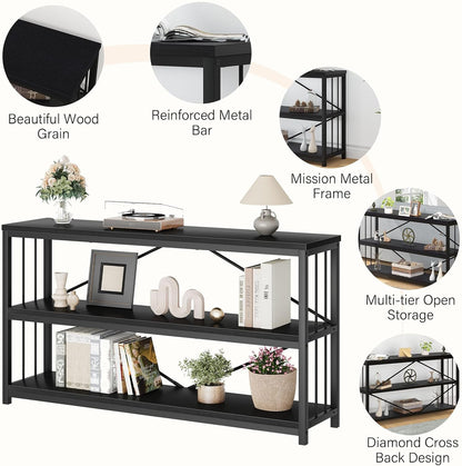 LVB Black Console Table, Modern Entryway Table, Black Oak, 55 in | Industrial Sofa Tables Behind Couch for Hallway Living Room, Farmhouse Wooden Metal Tables with 3-Tier Storage Shelves