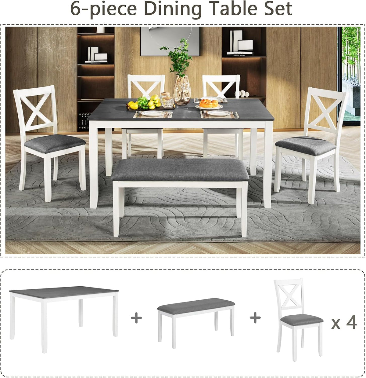 Merax 6-Piece Farmhouse Dining Table Set with Chairs and Bench, Wood Kitchen Table Set for 4-6, Rectangular Kitchen Dining Table for Dining Room, Kitchen, Small Apartment, White