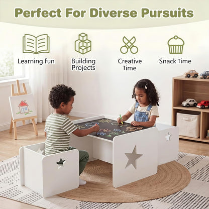 HONEY JOY Weaning Kids Table and Chair Set, Wooden Montessori Activity Table Set with Chalkboard & Reversible Tabletop, Sturdy Playroom Nursery Furniture for Ages 3+ Years Old (White, Star)