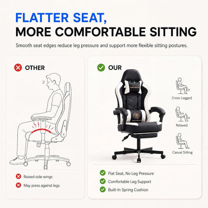 Desk Computer Gaming Chair - High Back Ergonomic Office Chair with Footrest and Lumbar Support, Swivel Comfy Home Gamer Video Game Chairs with Pocket Spring Cushion for Adults (White Leather)
