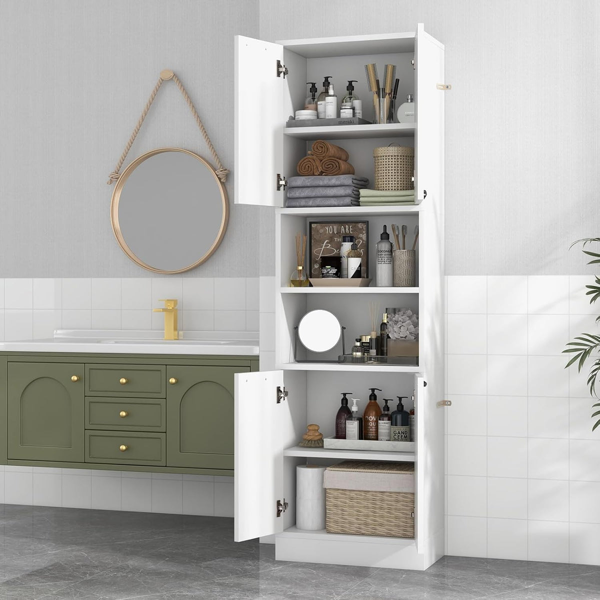TANGZON 190CM Tall Kitchen Cupboard, 4-Door Storage Cabinet with Enclosed Cabinets, Open Compartments & Anti-tipping Kits, Freestanding Wooden Tall Sideboard for Pantry Dining Living Room (White)