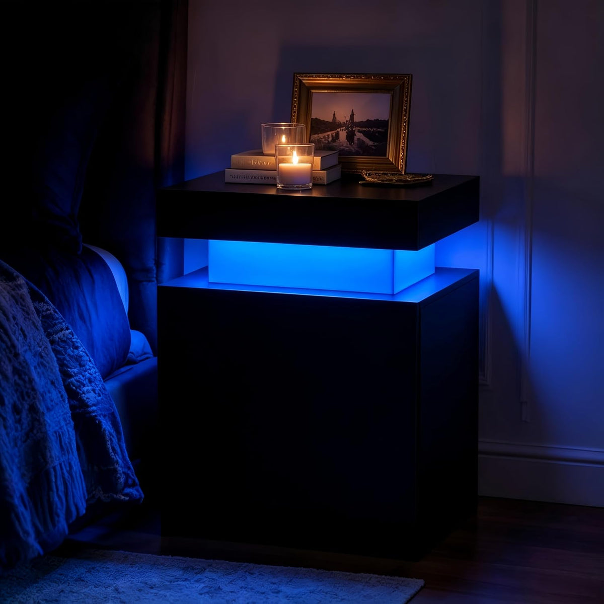 Nightstand Set of 2, Night Stands with LED Lights, Bedside Table End Side Table with Storage Cabinet for Bedroom, Black