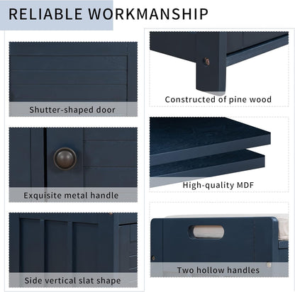 Storage Bench with 3 Shutter-Shaped Doors, Wood Shoe Bench with Removable Cushion and Hidden Storage Space for Entryway, Living Room, Hallway 43.5" L*16" W*18" H Antique Navy