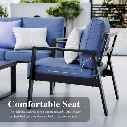 Aluminum Outdoor Patio Furniture Set, 5 Piece Sectional Coversation Sets with Coffee Table, Modern Outdoor Sofa Couch with Thick Cushions for Porch, Balcony, Garden (Black/Blue, 5 Pcs Set)