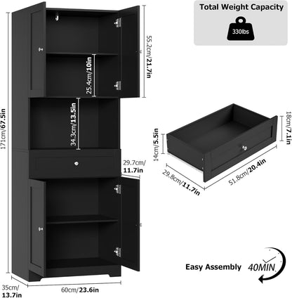HIFIT 2 Pcs Tall Kitchen Pantry Cabinet, Large Kitchen Hutch Storage Cabinet with Doors & Wide Shelves, 67" Tall Modern Coffee Bar Cabinets with Drawers Cupboard Set for Home Dining Living Room, Black