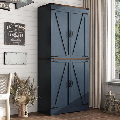 71in Farmhouse Kitchen Pantry Cabinet,Tall Storage Cabinet with 4 Doors and Adjustable shelves,with Load-Bearing Steel Pipe,Wood Storage Cabinets for Kitchen,Dining Room,Bathroom(Rustic Blue)