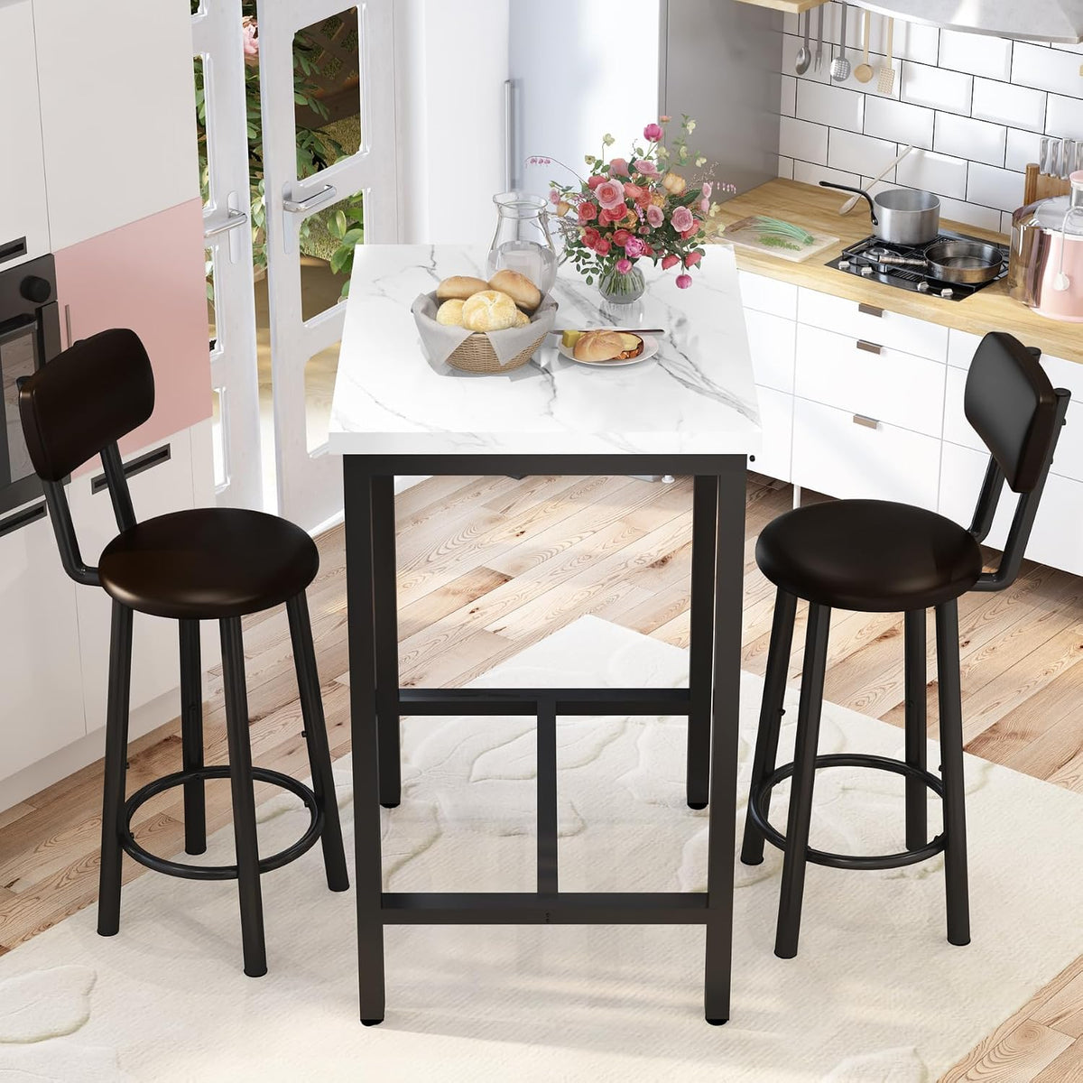 DKLGG Dining Table Set for 2, 24" Square Kitchen Table and Chairs Set with MDF Tabletop & 2 PU Leather Chairs, Bar Pub Dining Set for Small Space Bar Kitchen Living Room Apartment, White